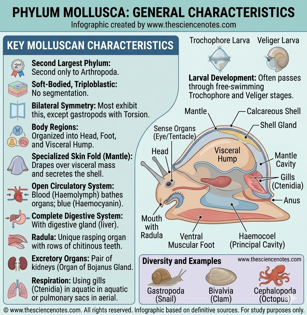 A detailed biological infographic of Phylum Mollusca by thesciencenotes.com. It features a cross-section of a snail (Gastropoda) highlighting the radula, mantle, and foot, alongside a bulleted list of key traits like blue blood (haemocyanin) and the organ of Bojanus.