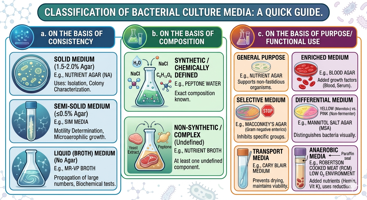 Infographic showing the classification of bacterial culture media by consistency (solid, semi-solid, liquid), composition (synthetic, complex), and purpose (selective, differential, anaerobic).