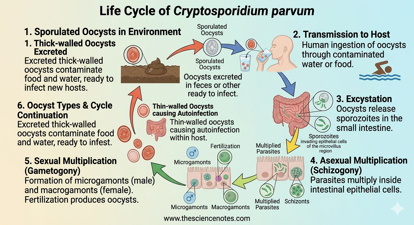 Infographic showing Cryptosporidium parvum life cycle including oocyst excretion, transmission through contaminated water and food, excystation, multiplication, and autoinfection.