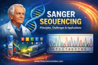 Illustration explaining Sanger sequencing showing Frederick Sanger, a DNA double helix, fluorescent nucleotides, capillary electrophoresis, and an electropherogram used for DNA sequencing analysis.