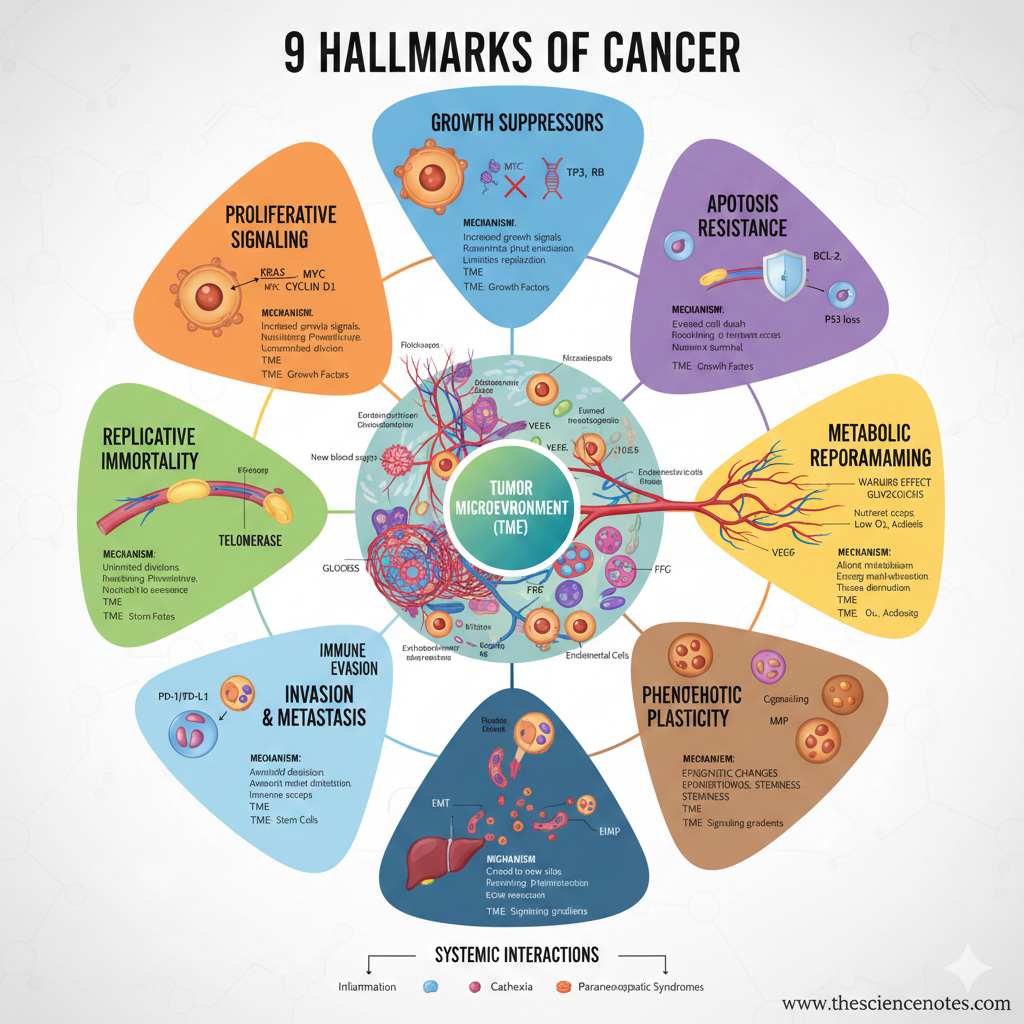 A scientific infographic titled "9 Hallmarks of Cancer." The image features a central circular diagram of a tumor microenvironment with blood vessels and immune cells, surrounded by nine colorful teardrop-shaped sections. Each section explains a hallmark, such as "Proliferative Signaling" or "Immune Evasion," listing associated genes like KRAS, TP53, and VEGF. The bottom includes a "Systemic Interactions" bar and the credit "www.thesciencenotes.com."