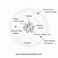 Hand-drawn atomic structure diagram showing a central nucleus with protons and neutrons, surrounded by a shaded electron cloud and handwritten labels for atomic number and charges.