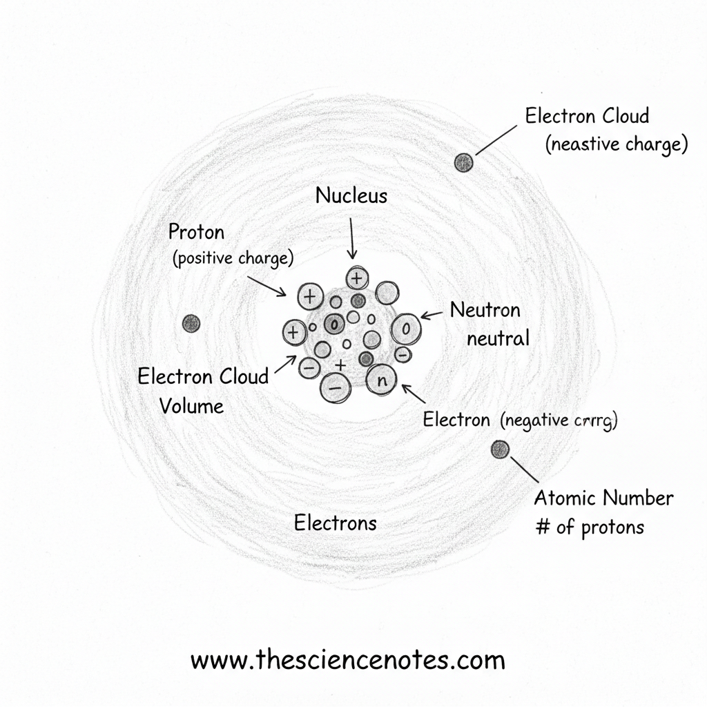Hand-drawn atomic structure diagram showing a central nucleus with protons and neutrons, surrounded by a shaded electron cloud and handwritten labels for atomic number and charges.