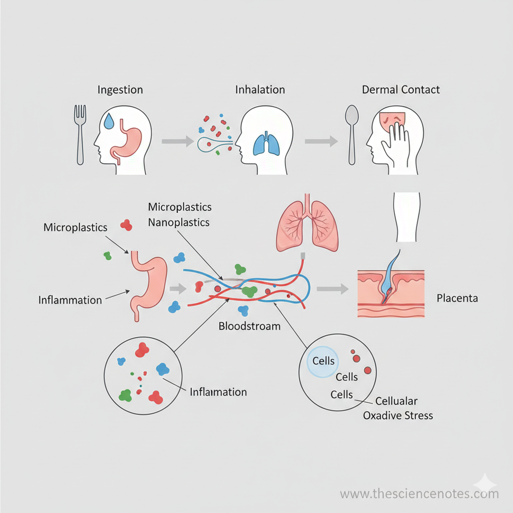 Scientific diagram showing human exposure to microplastics through ingestion (food/water), inhalation (lungs), and dermal contact (skin). The illustration details the transport of particles into the gastrointestinal tract, bloodstream, and placenta, highlighting cellular consequences like inflammation and oxidative stress.