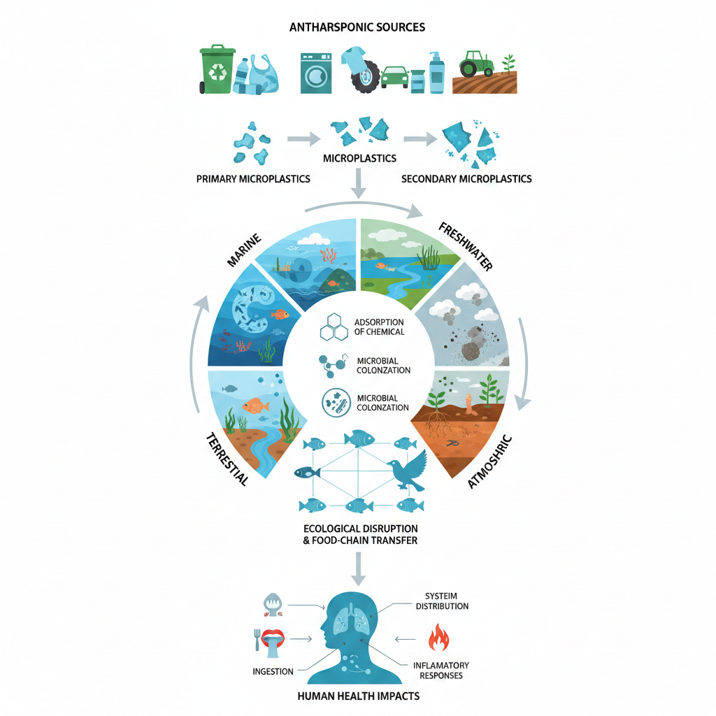 A detailed graphical abstract illustrating the microplastic lifecycle. At the top, "Anthropogenic Sources" like plastic waste, textiles, tires, and agriculture release primary and secondary microplastics. A central circular diagram shows their transport through Marine, Freshwater, Terrestrial, and Atmospheric compartments, highlighting chemical adsorption and microbial colonization. The bottom section depicts a food-chain transfer web leading to a human silhouette, illustrating exposure via ingestion and inhalation, resulting in systemic distribution and inflammatory responses.