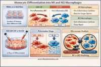 Infographic showing monocyte differentiation into pro-inflammatory M1 macrophages via GM-CSF and LPS/IFN-gamma, and anti-inflammatory M2 macrophages via M-CSF and IL-4, including 6-well plate culture steps and morphology differences.
