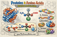 Proteins and amino acids showing 3D protein folding, peptide bond formation, and primary, secondary, tertiary, and quaternary structures, with labeled amino acid side chains.