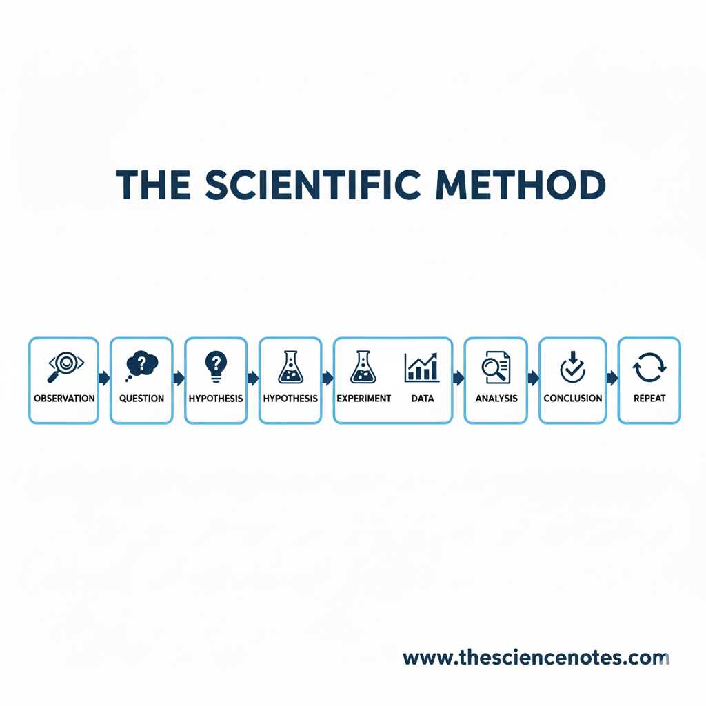 A horizontal infographic on a white background titled "THE SCIENTIFIC METHOD" in bold navy blue text. The flowchart features eight interconnected light blue boxes, each containing a dark blue icon and a label. The steps are: Observation (magnifying glass), Question (thought bubble), Hypothesis (lightbulb), Experiment (beaker), Data (bar graph), Analysis (document with magnifying glass), Conclusion (checkmark icon), and Repeat (circular arrows). Arrows point from left to right between each box, and the website URL "www.thesciencenotes.com" is printed in the bottom right corner.