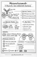 Infographic illustrating Mosunetuzumab as a bispecific CD20/CD3 antibody, showing T-cell engagement, B-cell targeting, mechanism of action, approvals timeline, and key facts about its use in follicular lymphoma, created by www.thesciencenotes.com