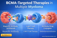Infographic showing BCMA-targeted therapies for multiple myeloma including bispecific antibody teclistamab, CAR-T cell therapy, and antibody-drug conjugate belantamab mafodotin.
