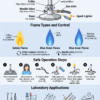 Infographic showing Bunsen burner components, flame types, safe operating steps, and laboratory applications