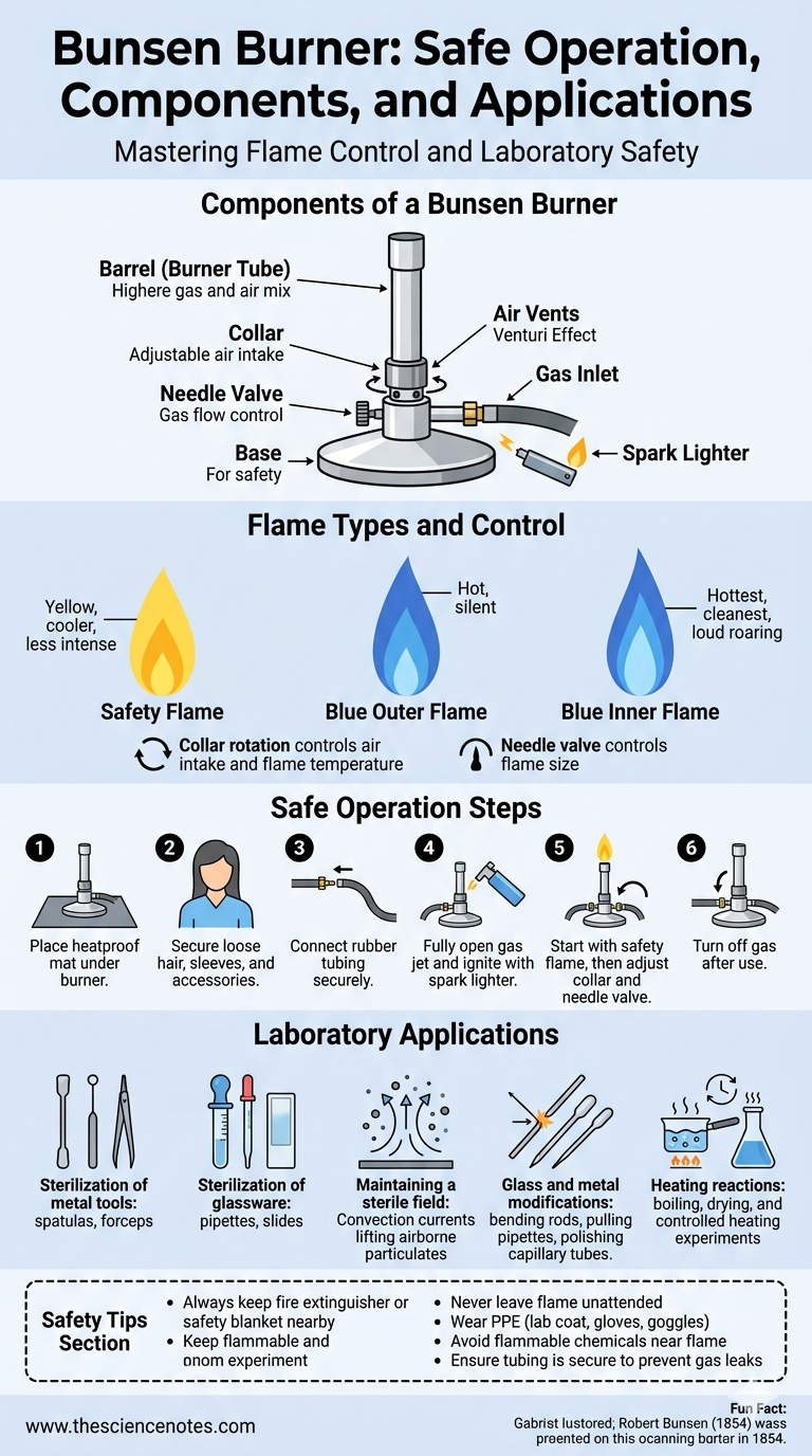 Infographic showing Bunsen burner components, flame types, safe operating steps and laboratory applications