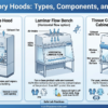 Infographic of laboratory hoods showing fume hoods, laminar flow benches, and biosafety cabinets with airflow and key components