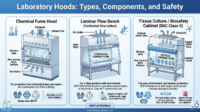 Infographic of laboratory hoods showing fume hoods, laminar flow benches, and biosafety cabinets with airflow and key components