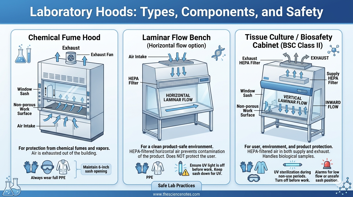 Infographic of laboratory hoods showing fume hoods, laminar flow benches, and biosafety cabinets with airflow and key components
