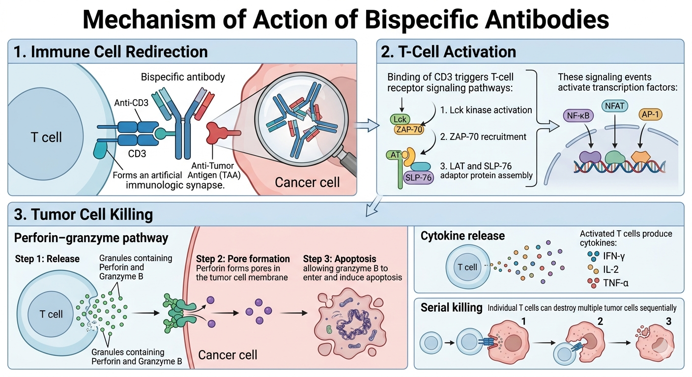 A scientific infographic divided into three panels. Panel 1 shows a bispecific antibody linking a T cell (via CD3) to a cancer cell (via tumor-associated antigens). Panel 2 details T-cell activation, highlighting Lck, ZAP-70, and the activation of NF-κB, NFAT, and AP-1 transcription factors. Panel 3 illustrates tumor cell killing via perforin-granzyme pore formation, cytokine release (IFN-γ, IL-2, TNF-α), and the process of serial killing.