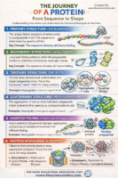 Infographic explaining protein folding showing primary, secondary, tertiary, and quaternary structures along with molecular chaperones and protein misfolding diseases.