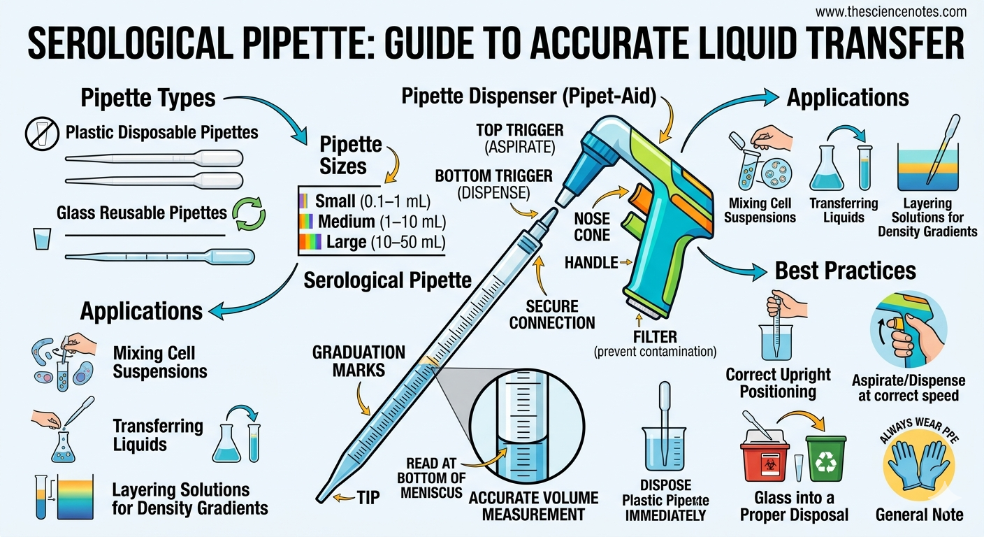 Diagram of serological pipette and pipette dispenser with labeled components for milliliter liquid transfer in the laboratory