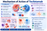 Infographic showing the mechanism of action of Teclistamab where the bispecific antibody binds BCMA on myeloma cells and CD3 on T cells to activate cytotoxic T-cell signaling and tumor cell killing.