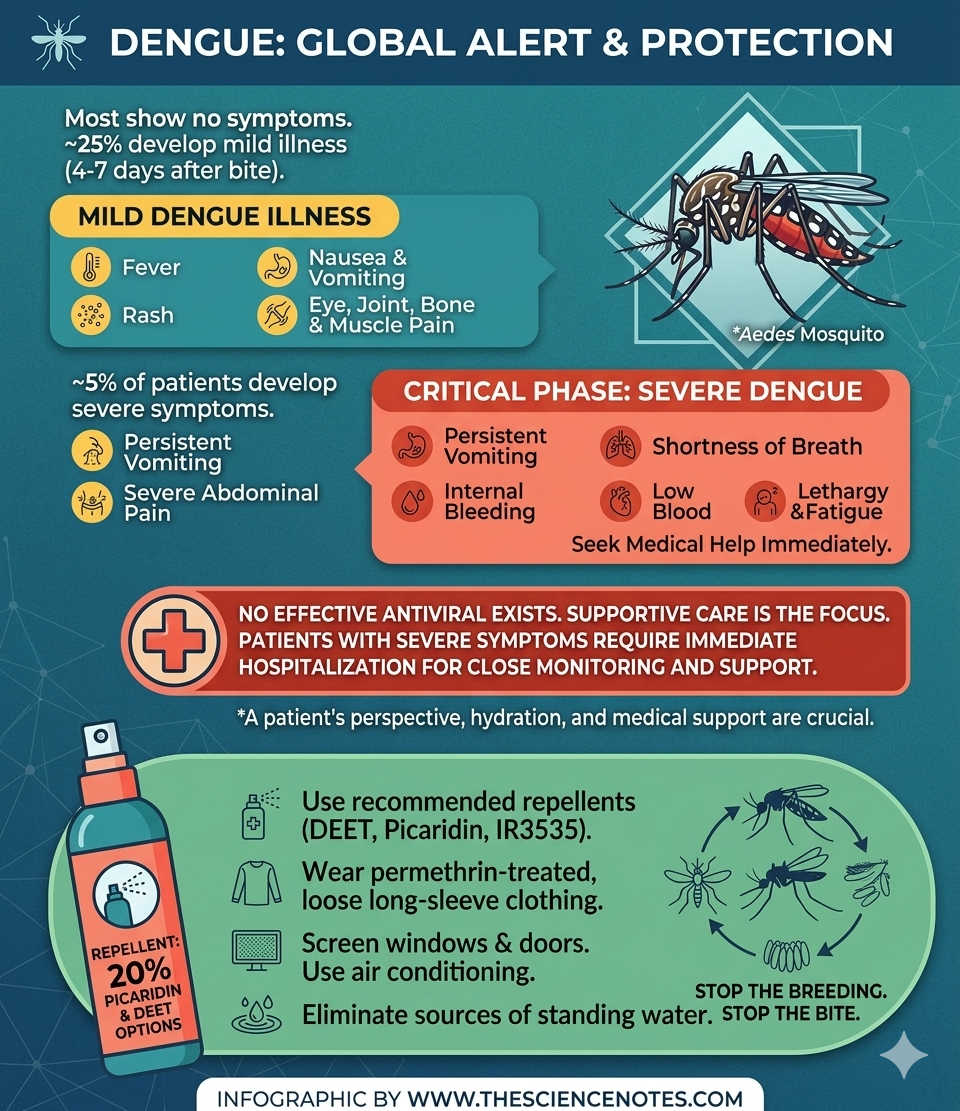 Dengue Global Alert & Protection Infographic: Symptoms of Mild and Severe Illness, a detailed illustration of an Aedes mosquito, and vector control prevention tips (DEET repellent, protective clothing, standing water removal). Creator credit: www.thesciencenotes.com.