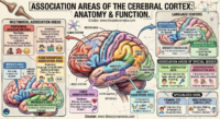 A comprehensive medical infographic showing the multimodal association areas, language centers like Broca’s and Wernicke’s, and specialized hubs like the frontal eye field and orbitofrontal cortex.