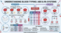 Comprehensive medical infographic explaining ABO and Rh blood typing systems, showing antigen types, agglutination test procedures, a final blood type classification table, and key concepts.