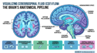 A detailed medical infographic showing the anatomy of the brain ventricles and the flow of cerebrospinal fluid from the lateral ventricles to the subarachnoid space.