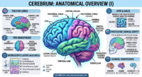 A detailed medical infographic of the human cerebrum showing the five lobes, major sulci, gyri, and the microscopic layers of the neocortex.