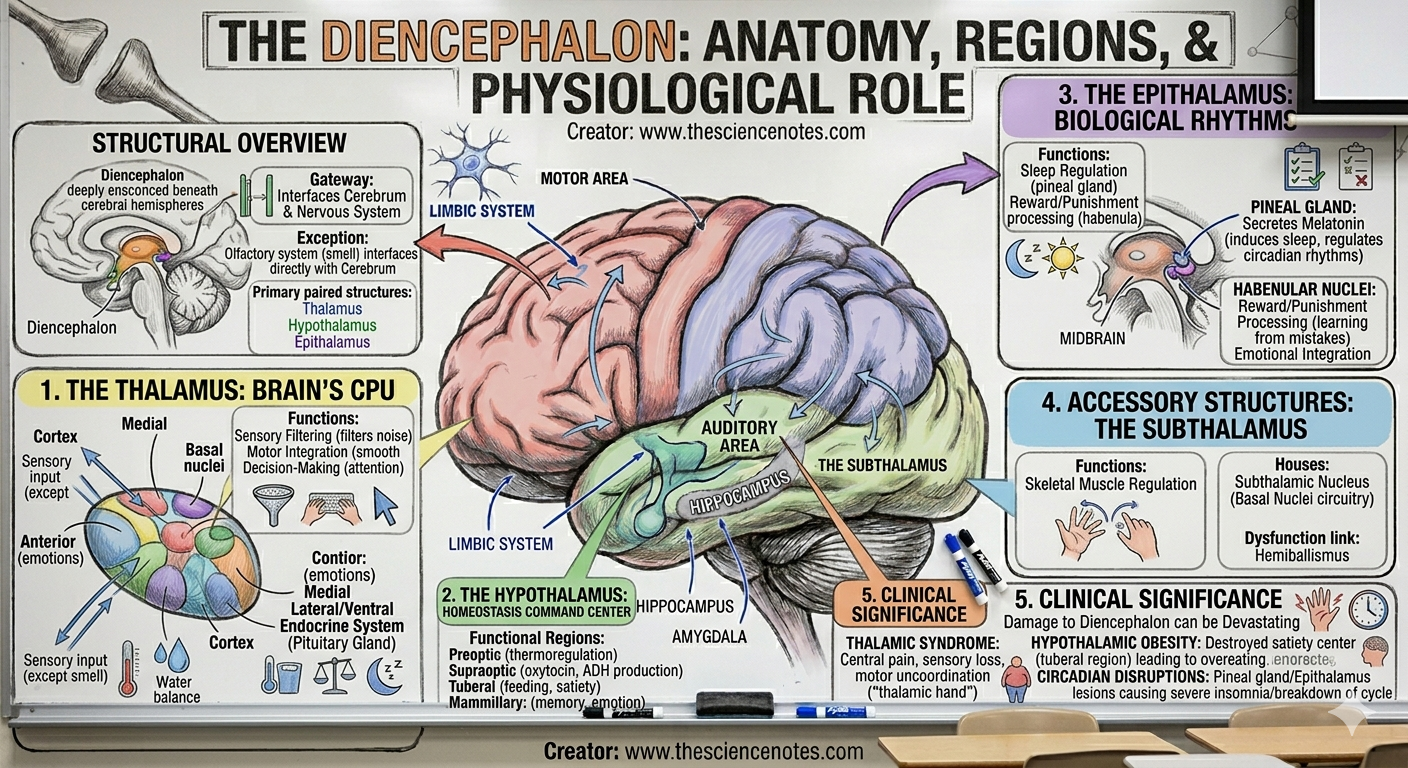A medical infographic showing the structural overview of the diencephalon, detailed thalamic nuclei, functional regions of the hypothalamus, and the biological rhythms of the epithalamus.