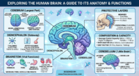 Detailed infographic of the human brain showing the cerebrum, cerebellum, diencephalon, and brainstem with functional descriptions.