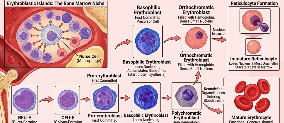 Infographic detailing the erythrocyte maturation stages from BFU-E and CFU-E progenitors to a mature red blood cell in bone marrow.