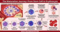 Infographic detailing the erythrocyte maturation stages from BFU-E and CFU-E progenitors to a mature red blood cell in bone marrow.