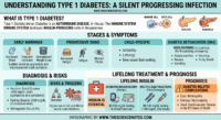 Educational infographic about Type 1 Diabetes covering autoimmune destruction of beta cells, symptoms like DKA and unexplained weight loss, diagnosis criteria, and treatment with insulin pumps and injections.